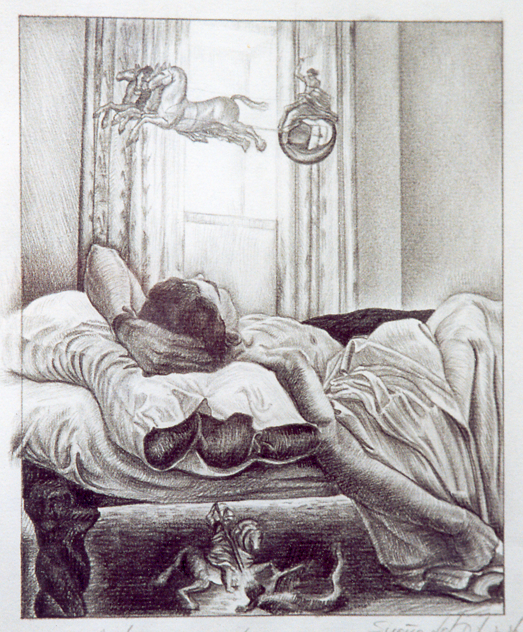 Apolo de paseo por la habitación mientras san jorge mata al dragón debajo de mi cama, lápiz sobre papel.