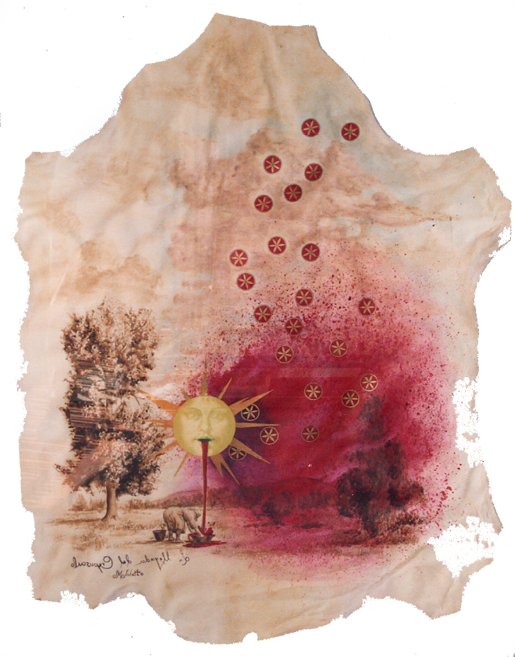 Atardecer, acuarela y nogalina sobre pergamino