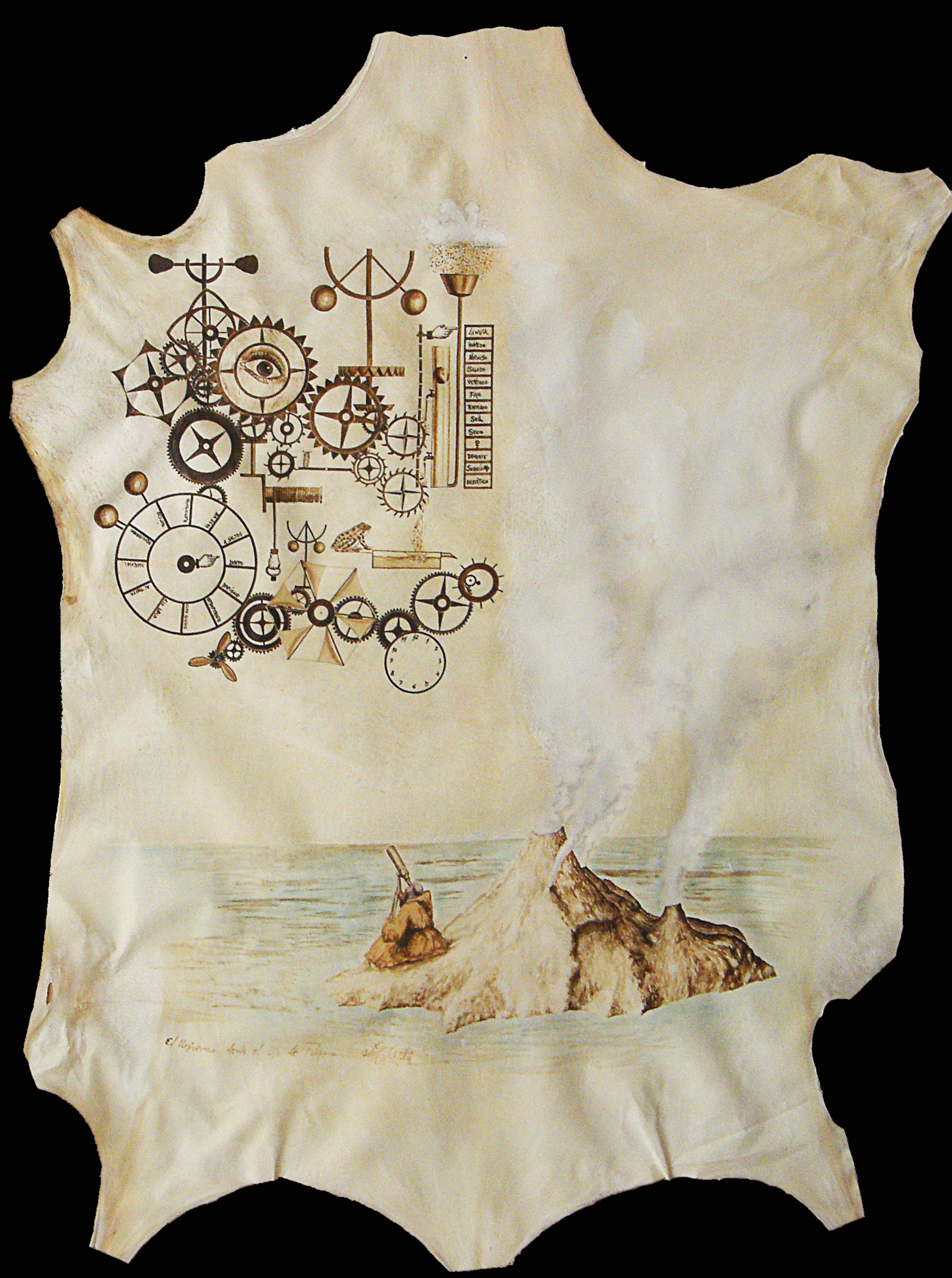 El observador, nogalina y acuarela sobre pergamino.