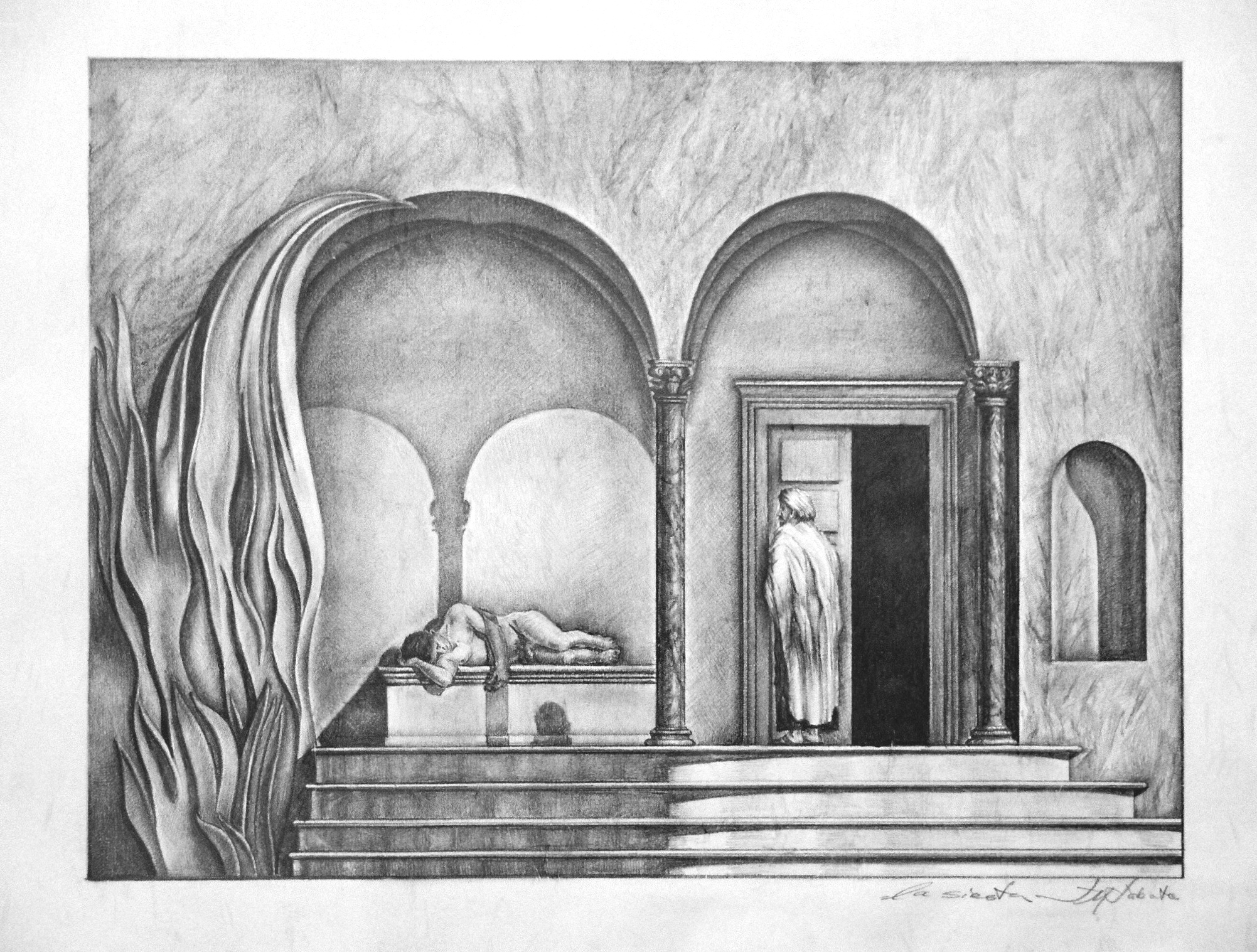 La siesta, lápiz sobre papel japonés.